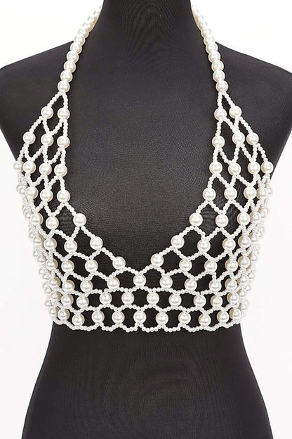 Faux Pearl Crochet Braided Halter Top