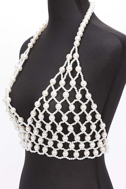 Faux Pearl Crochet Braided Halter Top