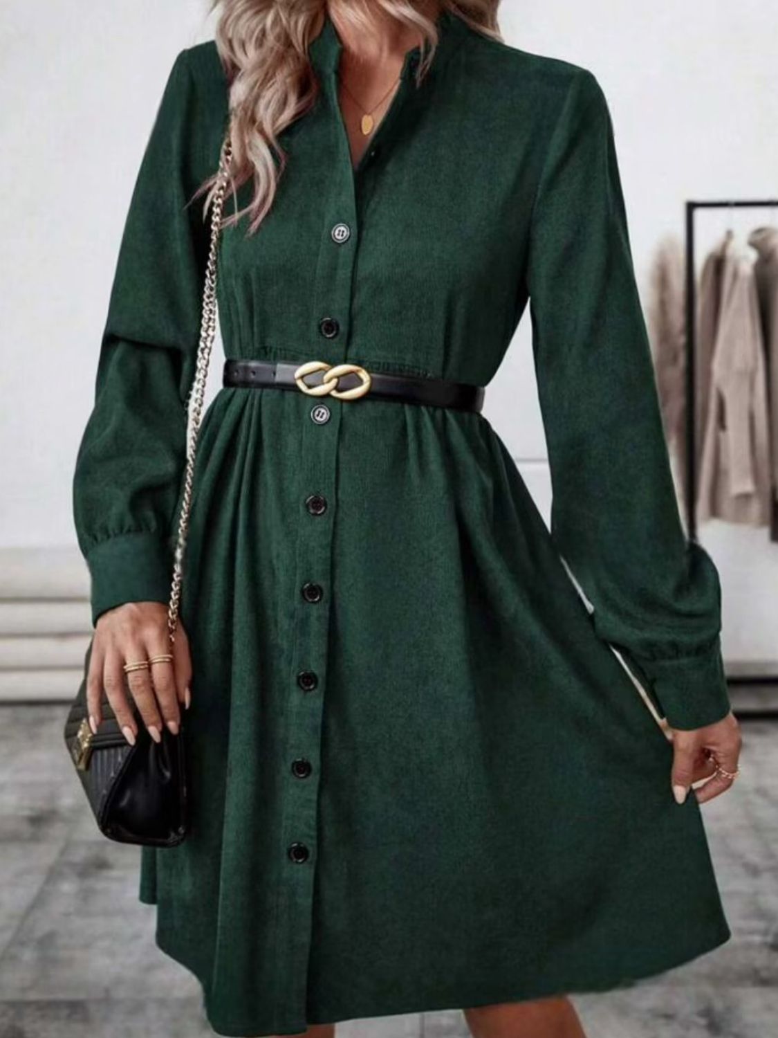 Ruched Button Up Long Sleeve Dress