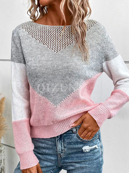 Openwork Contrast Round Neck Long Sleeve Knit Top