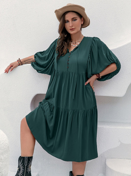 Tie Neck Balloon Sleeve Midi Dress