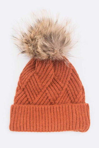 Raised Knit Raccoon Fur Pom Beanie