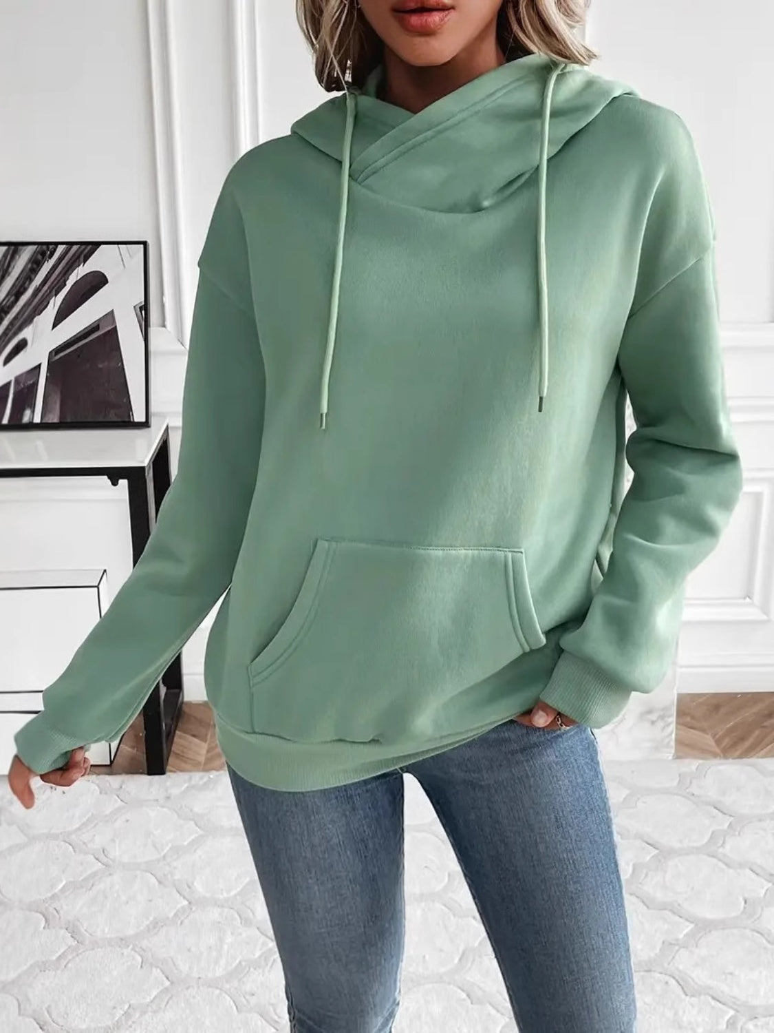 Drawstring Long Sleeve Hoodie with Kangaroo Pocket