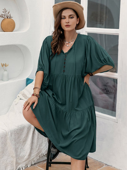 Tie Neck Balloon Sleeve Midi Dress