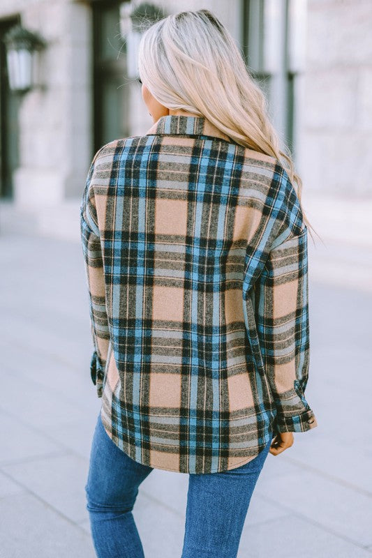 Women Plaid Block Buttoned Shirt with Pockets