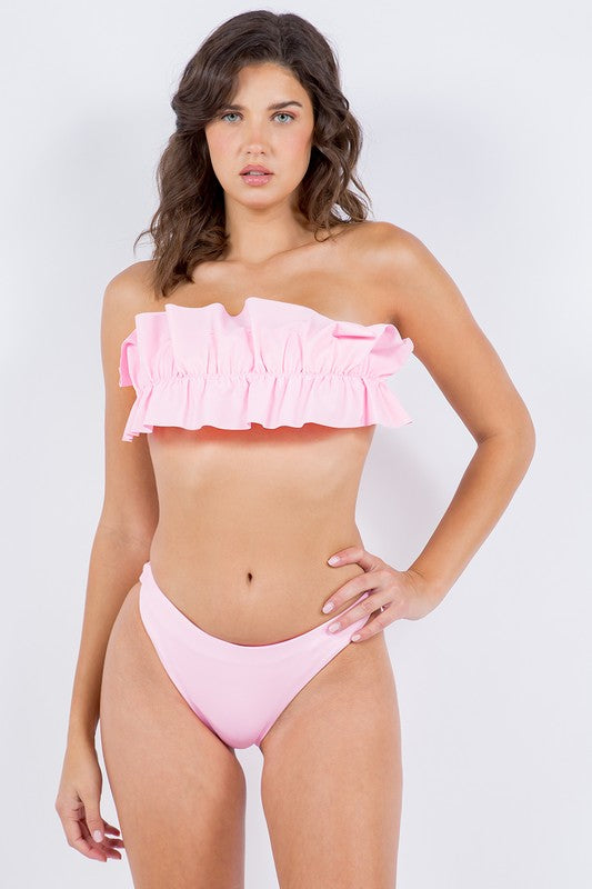 TWO PIECE TUBE TOP WITH RUCHED RUFFLE BIKINI