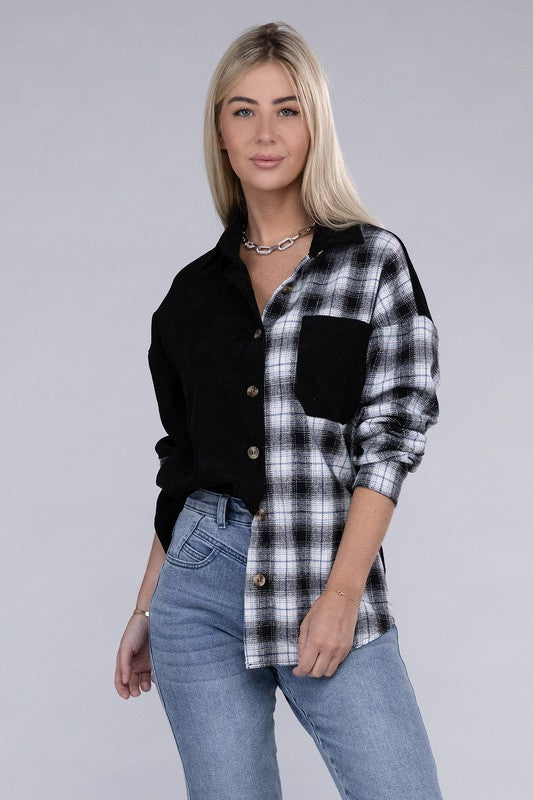 Plaid Flap Drop Shoulder Shacket