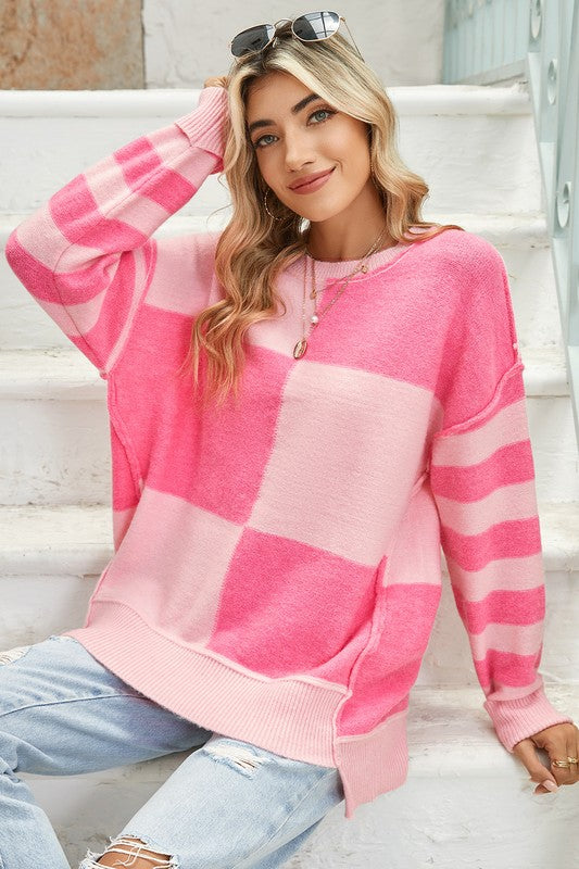 pink checkered sweater for women fall fashion winter fashion affordable clothing 