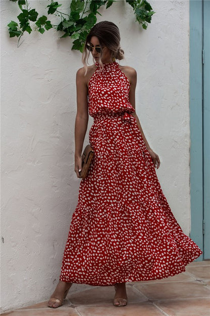 red and white polka dot halter top women’s maxi dress