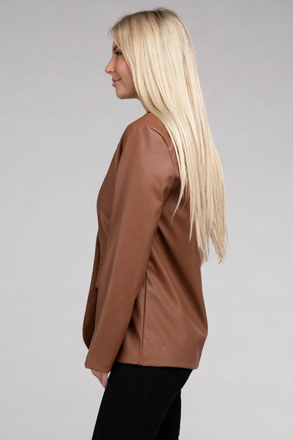 Sleek Pu Leather Blazer with Front Closure