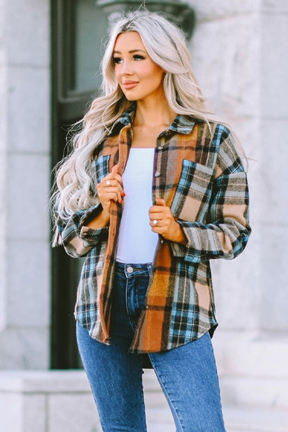 Women Plaid Block Buttoned Shirt with Pockets