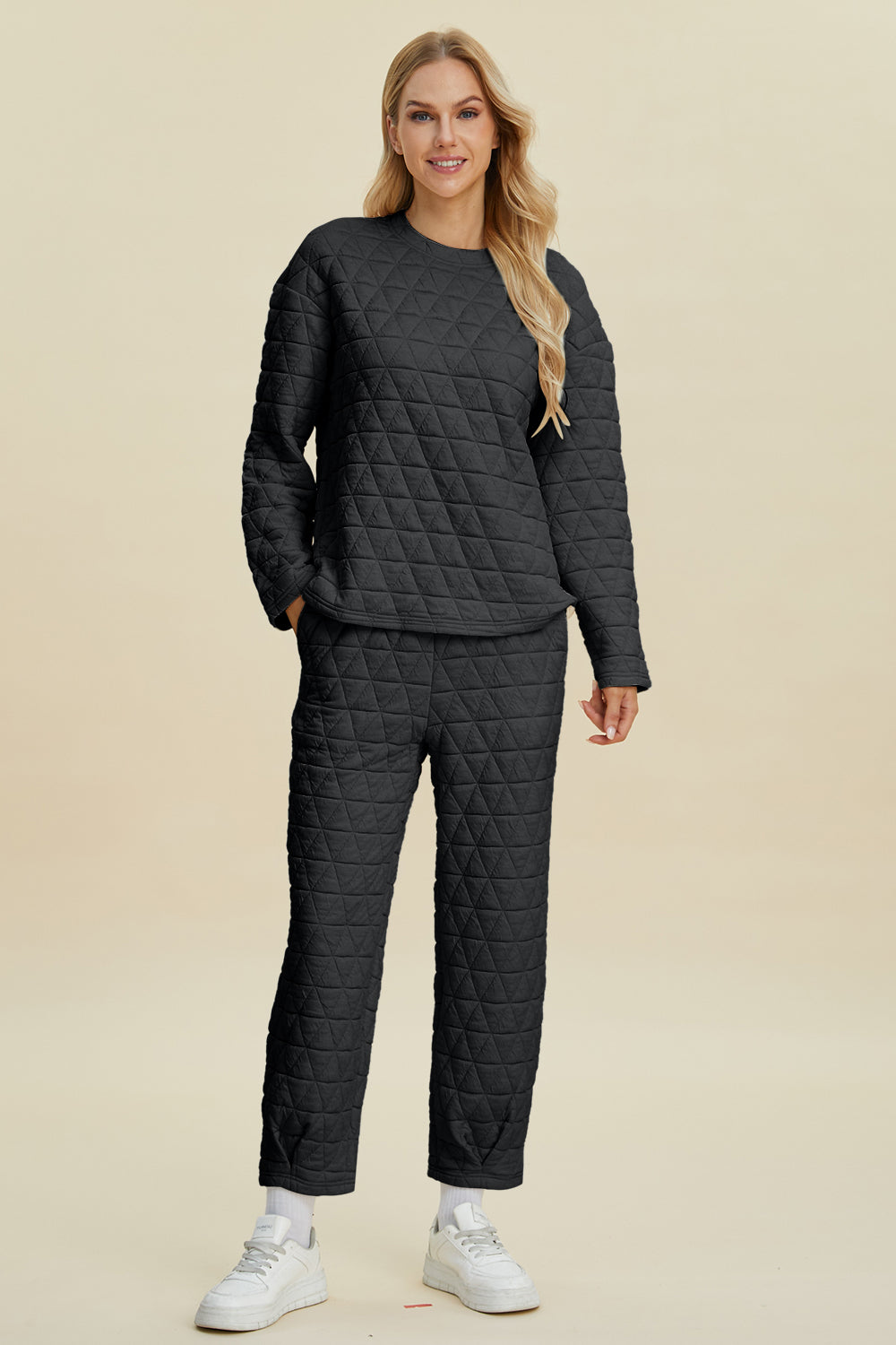 Double Take Full Size Texture Round Neck Long Sleeve Top and Pants Set