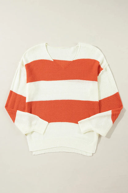 Color Block Dropped Shoulder V-Neck Women's Sweater